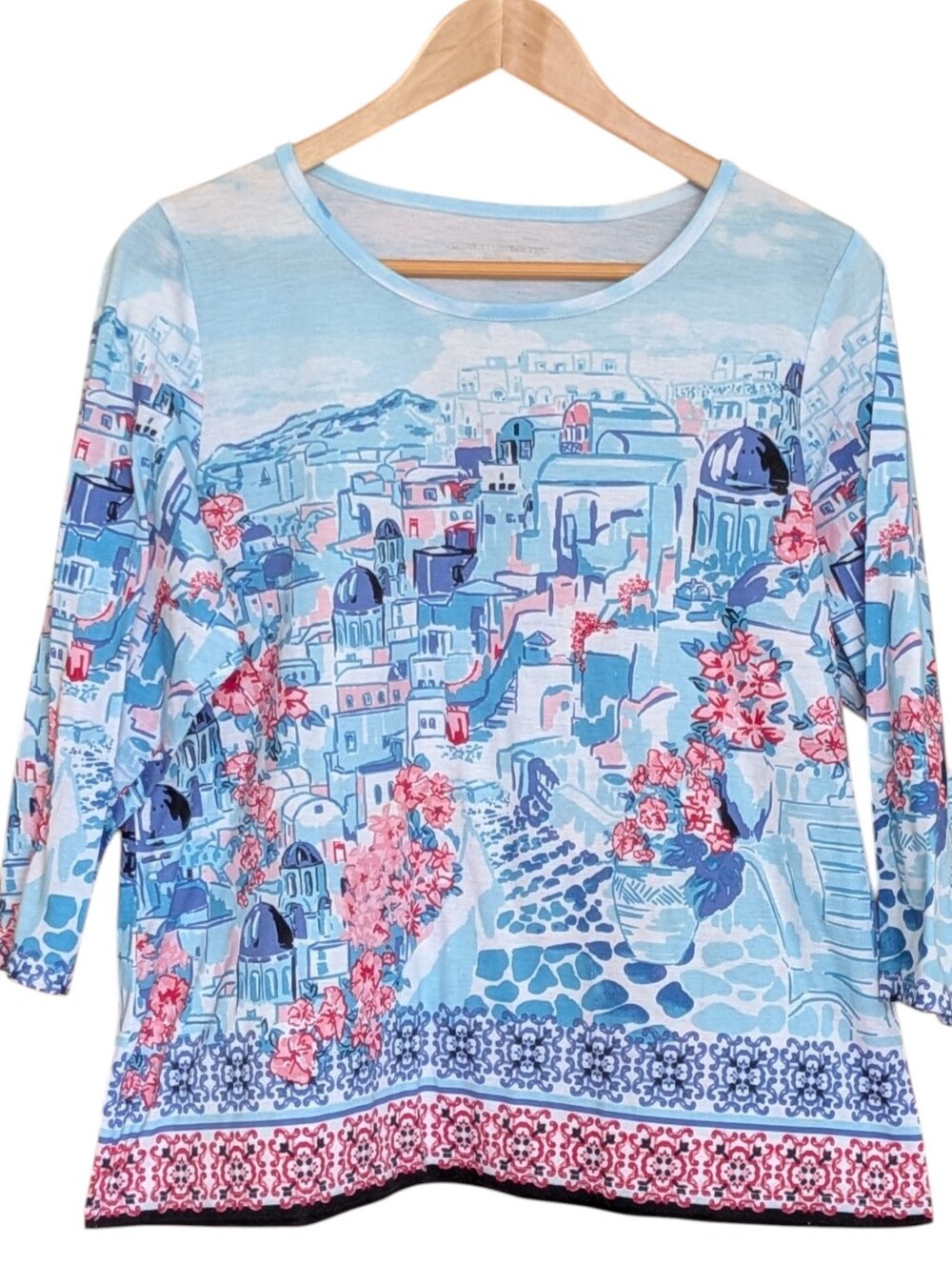Allison Daley Scenic Long Sleeve Top with Pink Accents Petite L Vacation Vibes